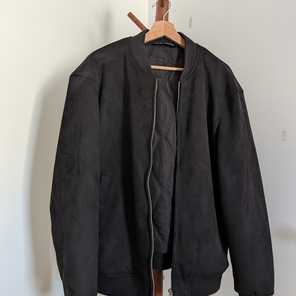 Zara Men's Black Faux Suede Quilted Bomber Jacket - Size Large